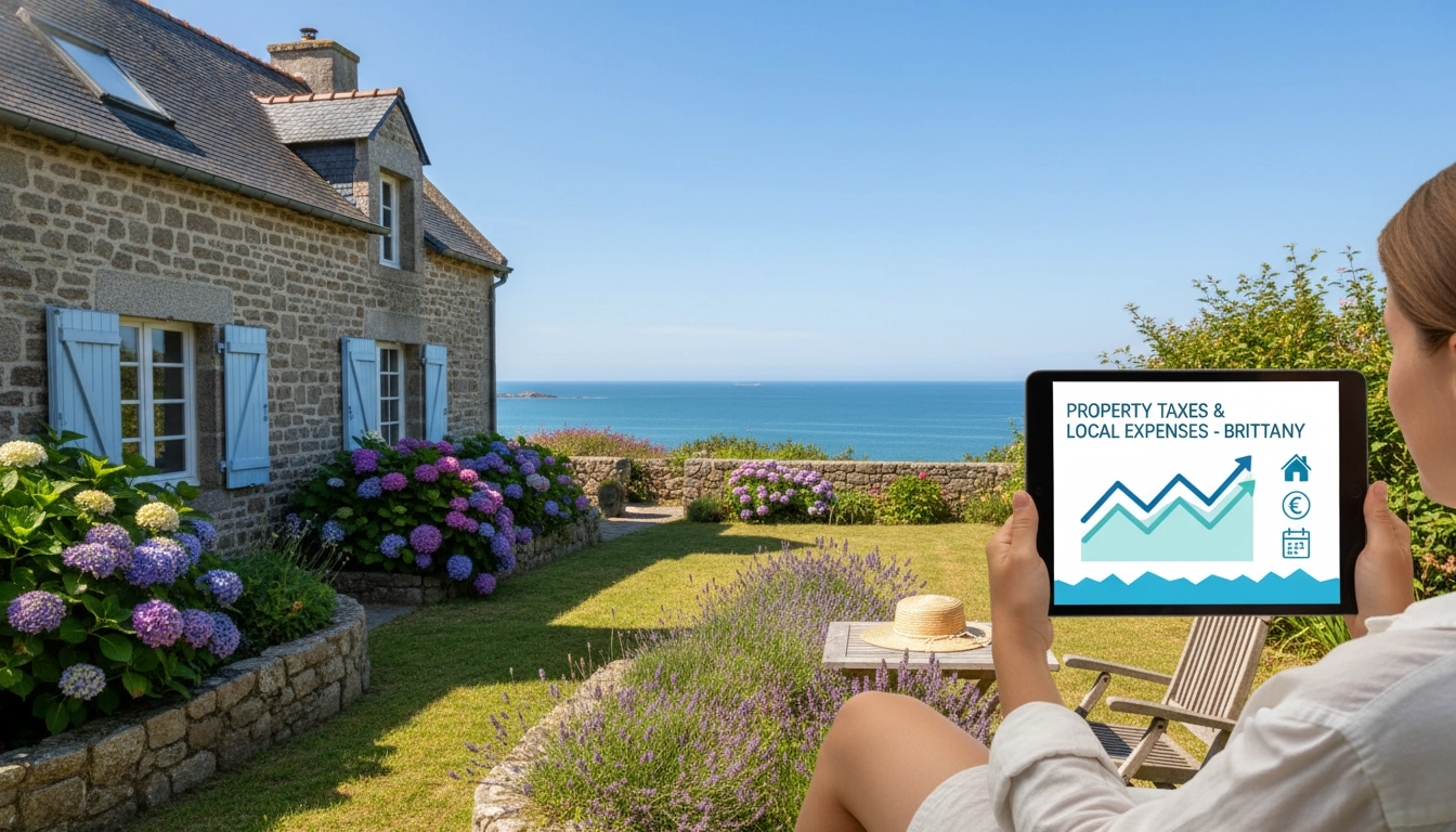 Propriétaire consultant sa taxe foncière devant sa maison de vacances en bord de mer.