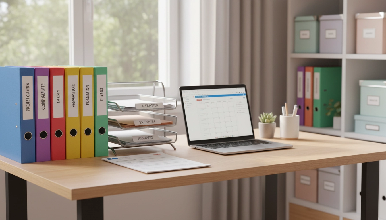 Bureau organisé avec classeurs colorés pour le tri papiers administratifs à la maison