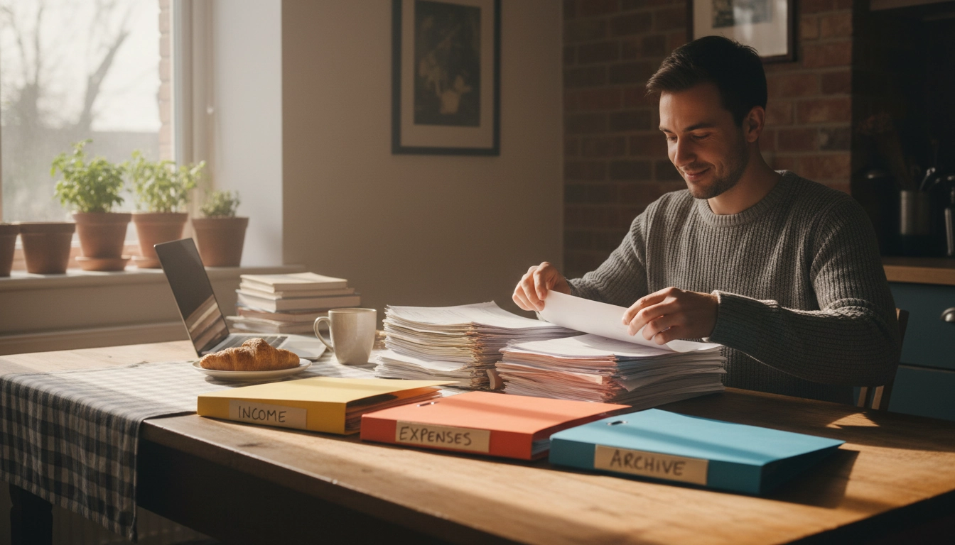 Personne qui trie ses papiers administratifs en trois piles distinctes sur une table de cuisine