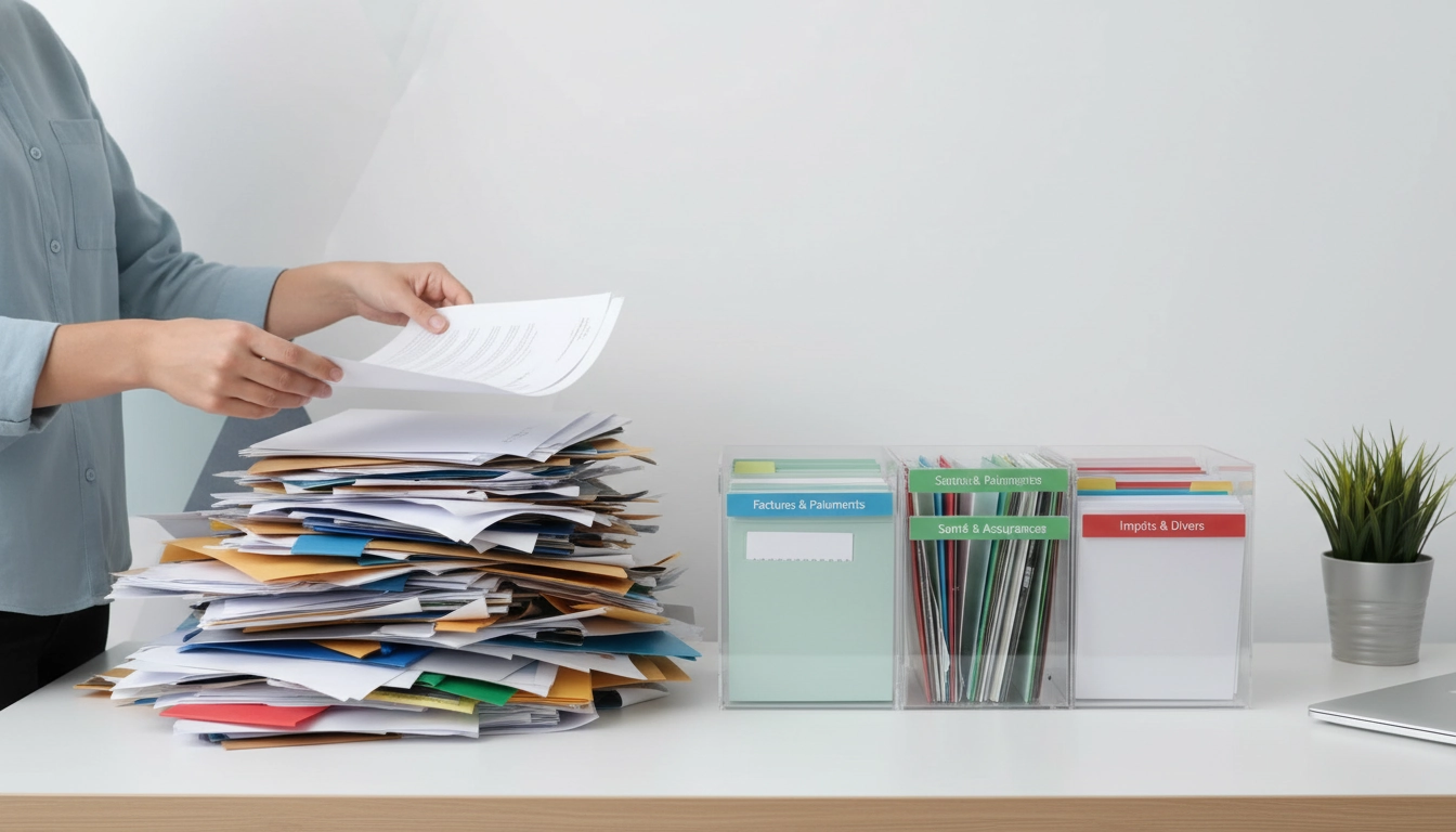 Tri papiers administratifs organisé avec classeurs colorés et intercalaires sur un bureau rangé