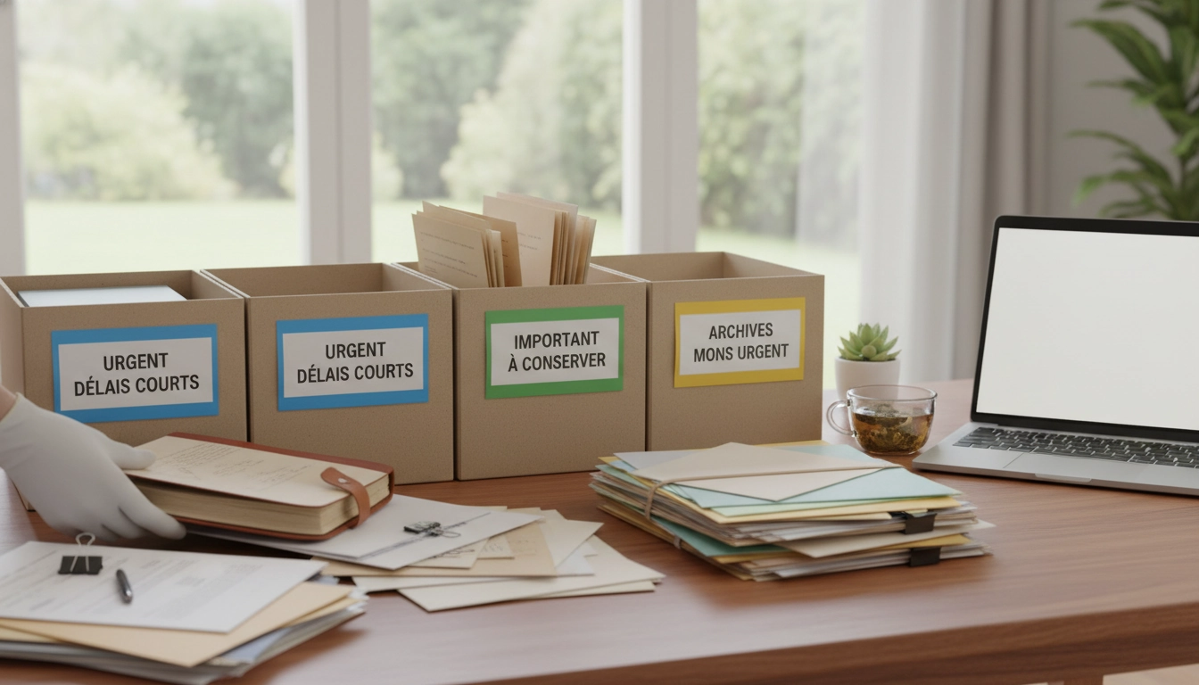Bureau organisé avec des dossiers et des documents pour trier les papiers administratifs après un décès dans la famille.